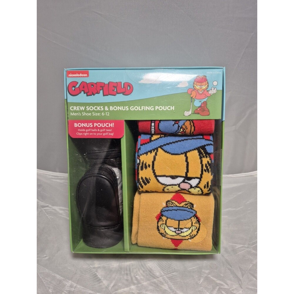 3 Pk Garfield Golf Novelty Crew Socks Mens 6-12 & Golf Ball Pouch